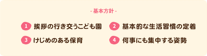 基本方針:挨拶の行き交うこども園 基本的な生活習慣の定着 けじめのある保育 何事にも集中する姿勢
